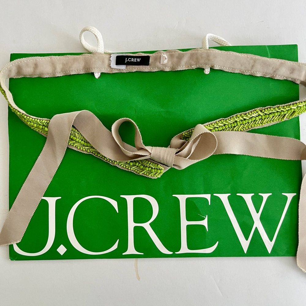 J.Crew women’s beaded grosgrain ribbon Vibrant Green and Tan Belt ties! Medium